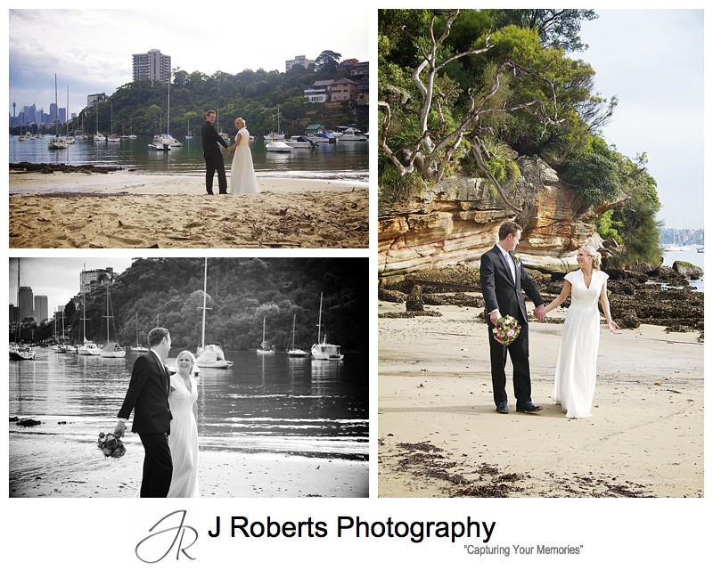 Bride and groom walking on beach - wedding photography sydney